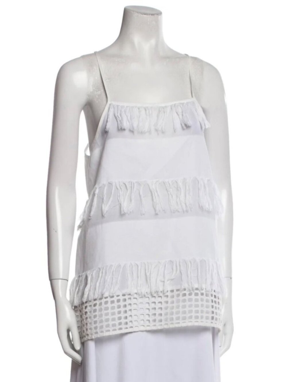 SEA New York Solid White Sleeveless Fringe Accent Eyelet Hem Women's Tank Top 0